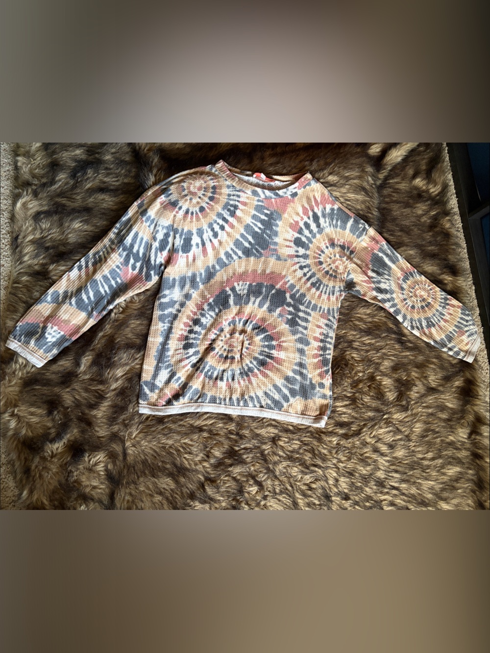 Hailey & Co Tie-Dye Waffle-Knit Oversized long Sleeve Top Pink/Gray/Tan Size M